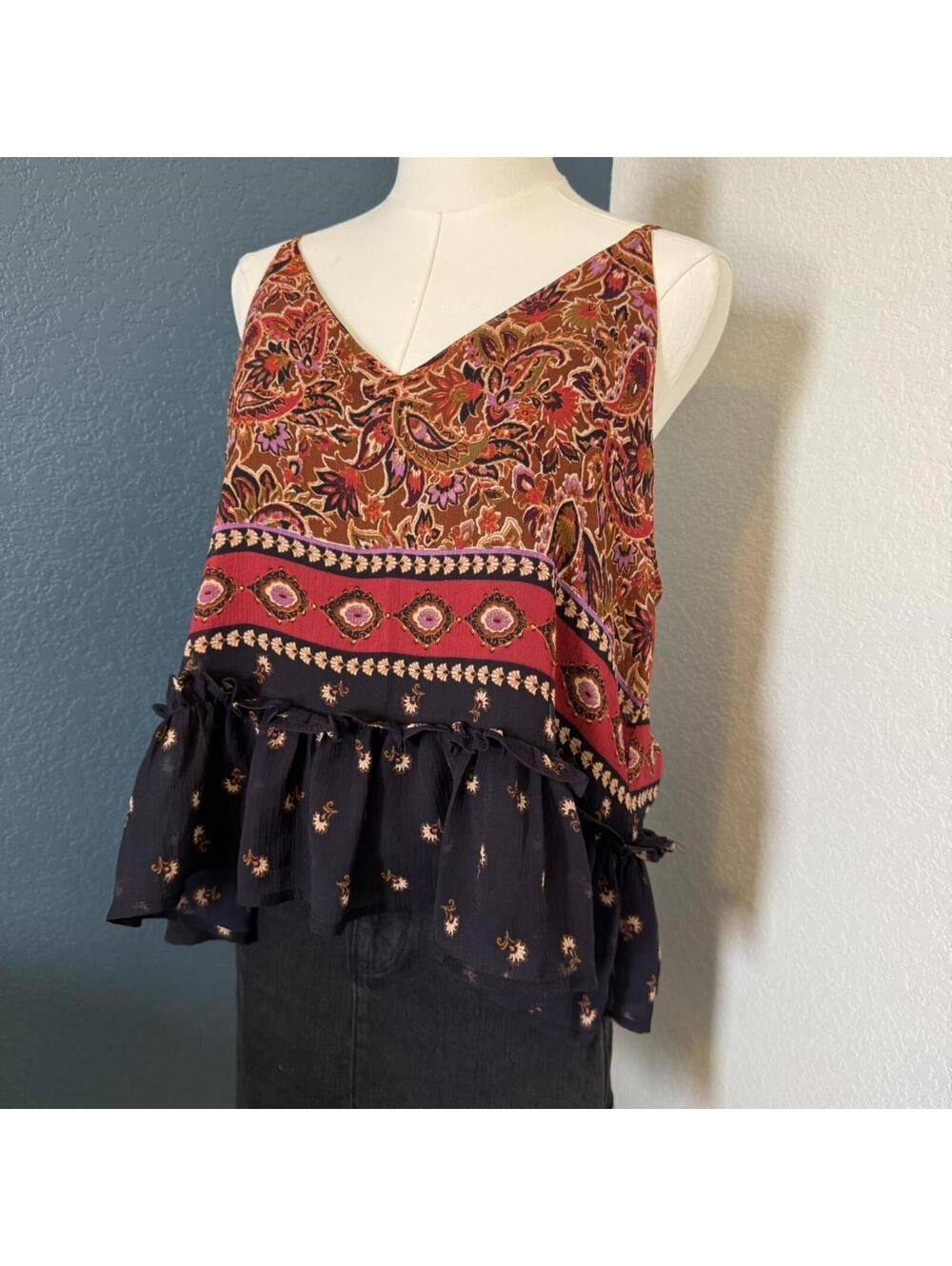 Patrons of Peace Boho Paisley Ruffle Tank, Large